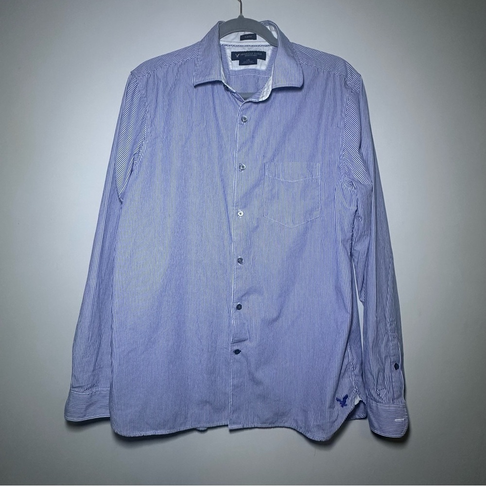 American Eagle Slim Fit Large Mens Blue & White Striped Button Down Shirt Spring